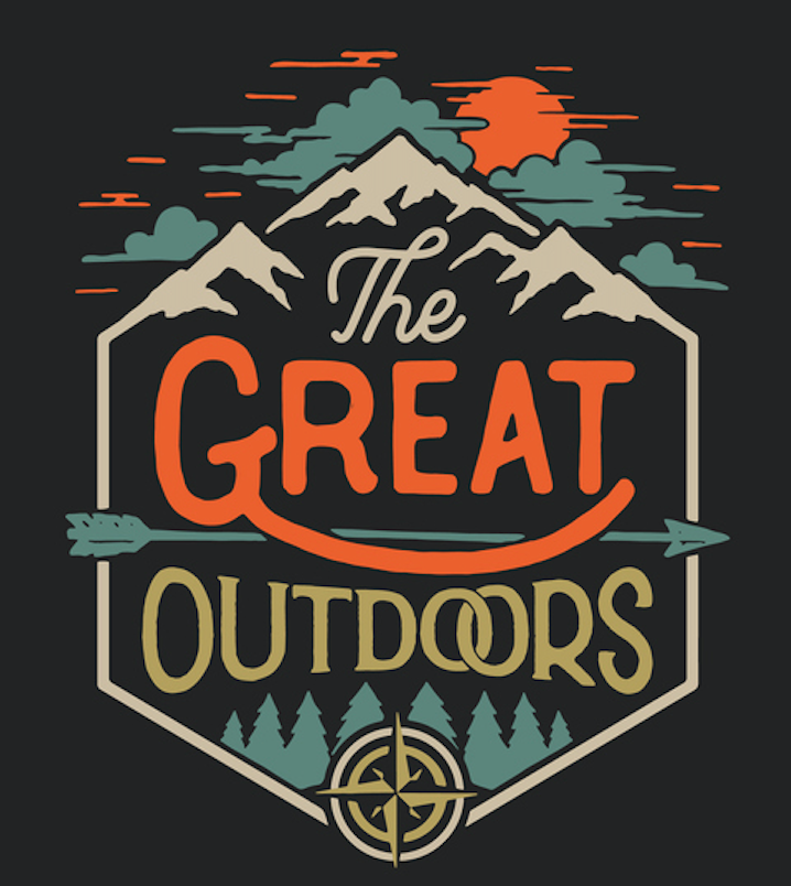 Illustration in brown, green, and orange with text: The Great Outdoors