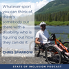 Chris Sparrow on adaptive mountain bike, river and mountains in the background + quote from transcript.