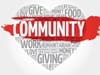 Image of a word cloud in the shape of a heart, with the word Community highlighted in red