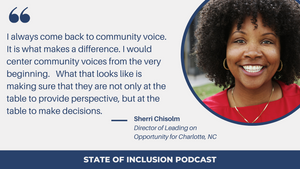 Image of guest, Sherri Chisolm, and quote from transcript.