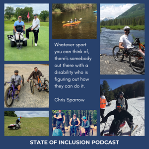 Chris Sparrow engaging in adaptive sports: golf, mountain biking, kayaking, snow skiing + a quote from the interview.